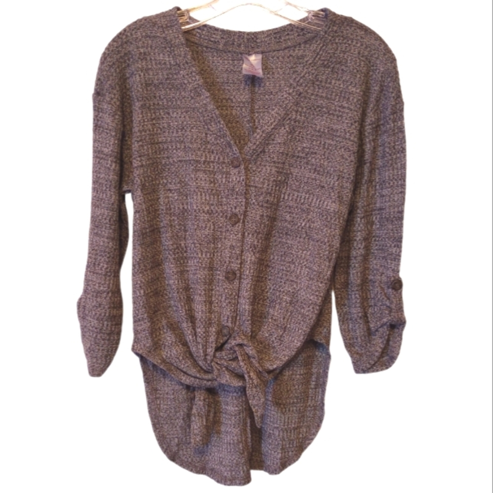 Gray knit high low button down top. Medium